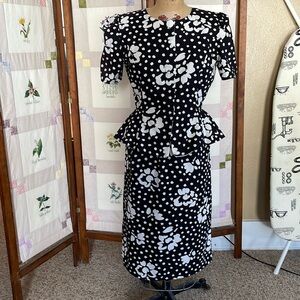 Vintage Periwinkle (1980's) black/white polka dot/floral peplum skirt set